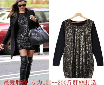 秋日优雅之选 胖太太欧美气质宽松连衣裙，显瘦复合蕾丝打造自信风采